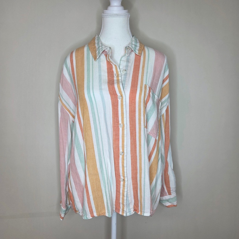 By Together Striped Button Up Shirt Linen Blend Coastal Grandmother Large‎